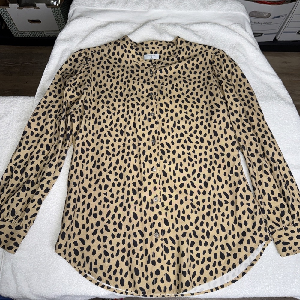 Untuckit For Her Dorie Band-Collar Button Down Tan Shirt Cheetah Print Womens 12